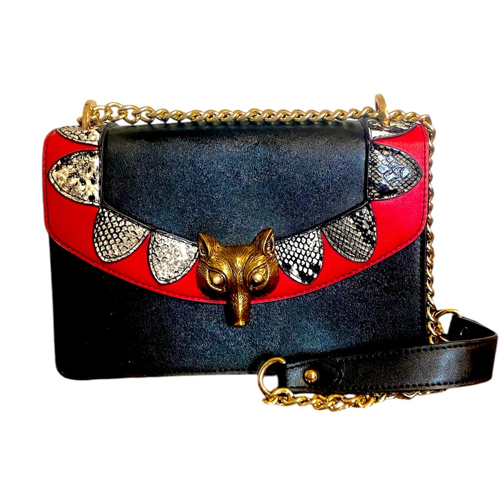 Elegant Black and Red Crossbody Bag with Gold Accents
